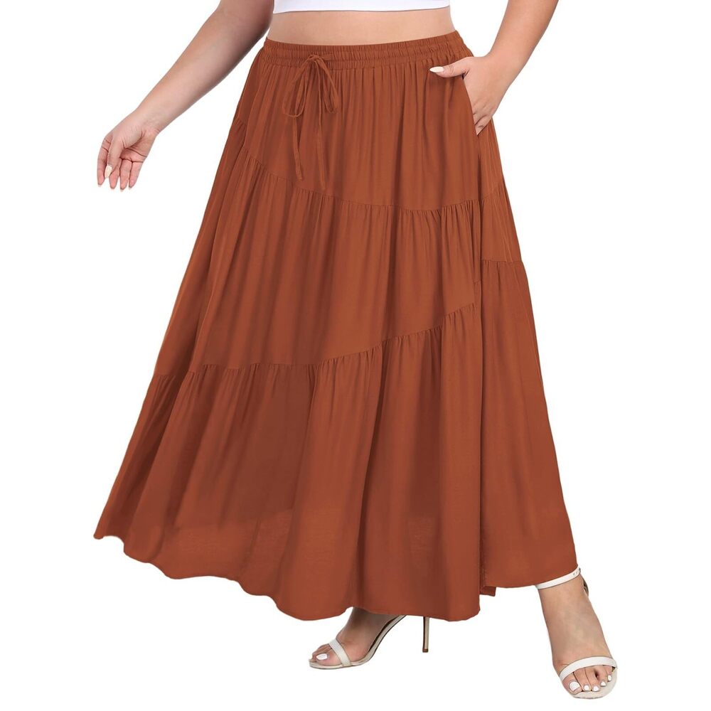 2580 Plus Size Tiered Maxi Skirt Elastic High Waist A Line Flowy Long Maxi
